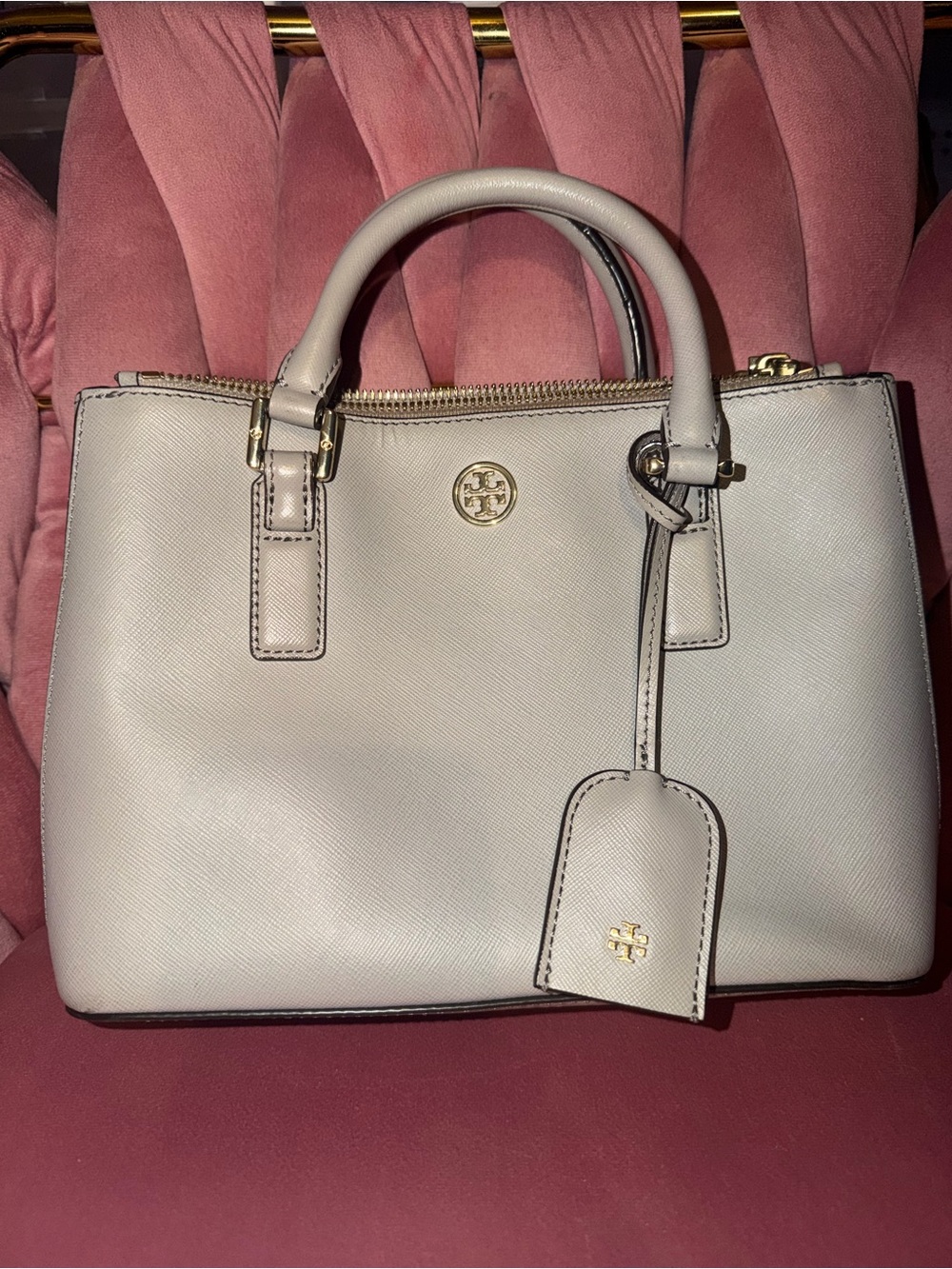 Tory Burch Light Cream Saffiano Leather Satchel with Gold Hardware